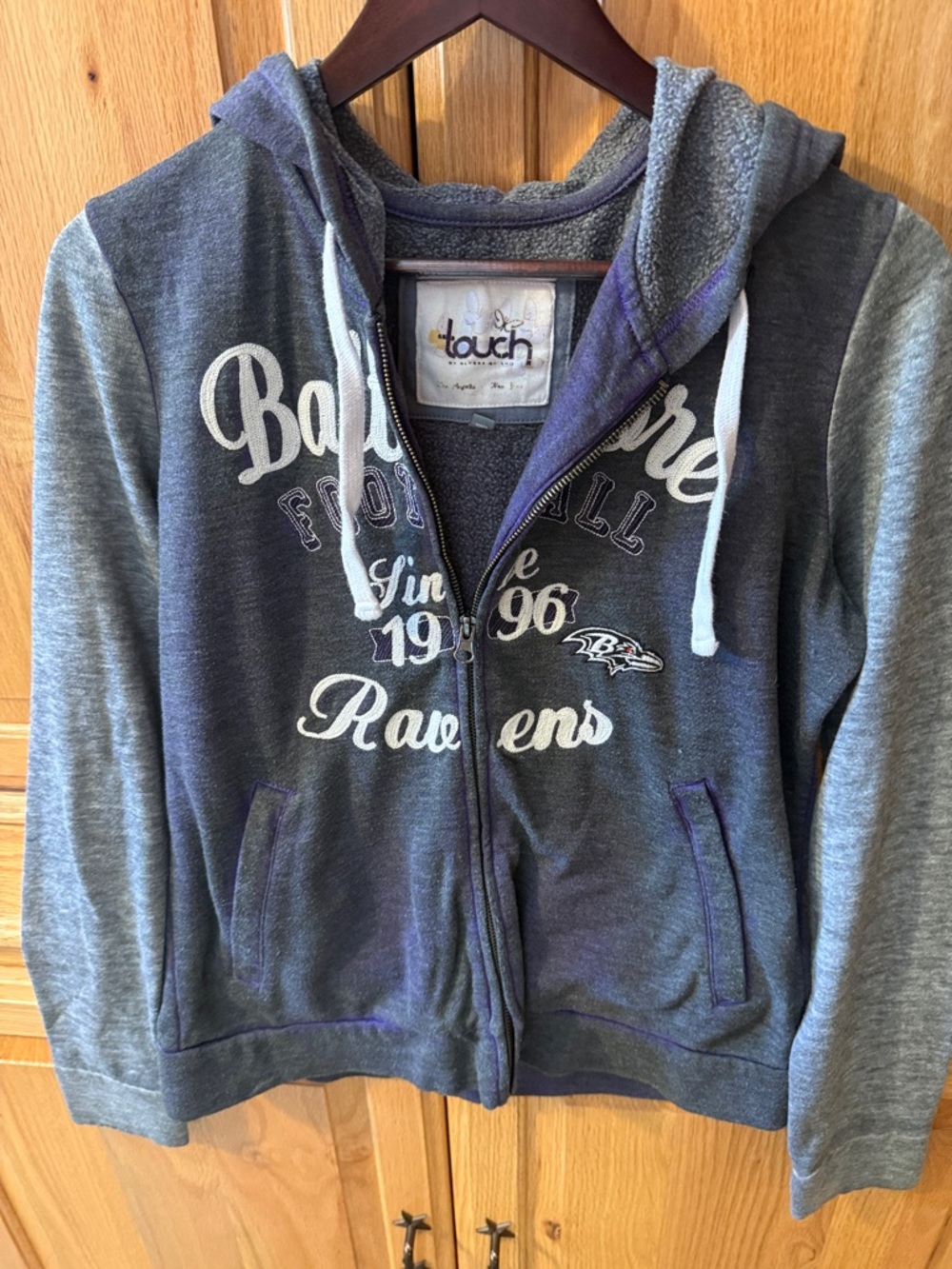 Women's Gray Hooded Zip Jean Jacket with Baltimore Ravens Script